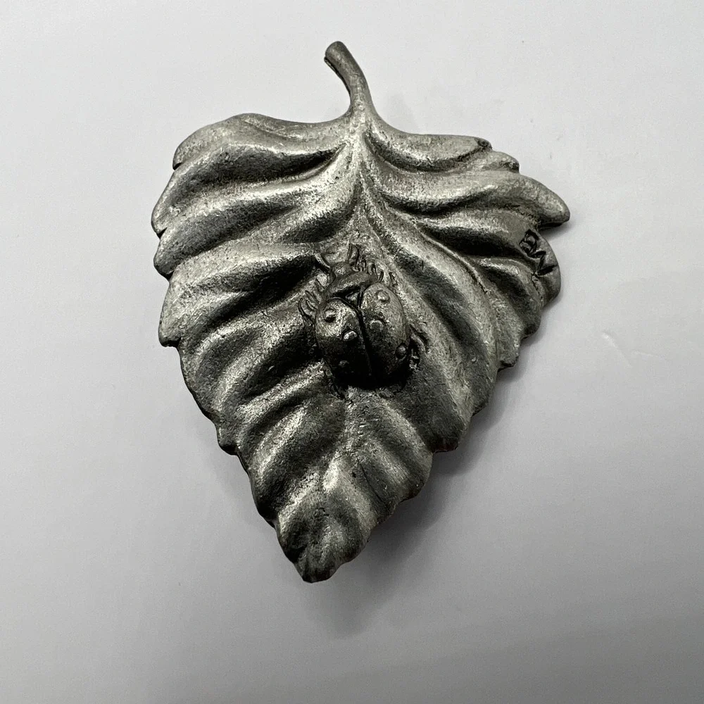 Vintage Marjolein Bastin Leaf Ladybug Brooch Pewter Tone Outdoors Nature Pin